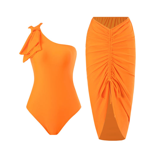 Sexy Swimsuit Women Spring One-Shoulder Swimsuit Chiffon Split Beach Skirt Set