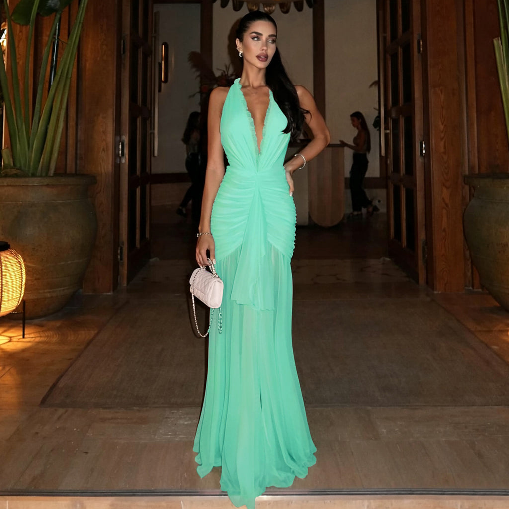 Summer Women Clothing Solid Color Elegant Sexy Mesh Stitching Halter Pleated Dress for Women YIMAIL