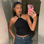 Débardeur bustier uni sexy dos nu à lacets ajustables, style français, idéal pour le printemps.