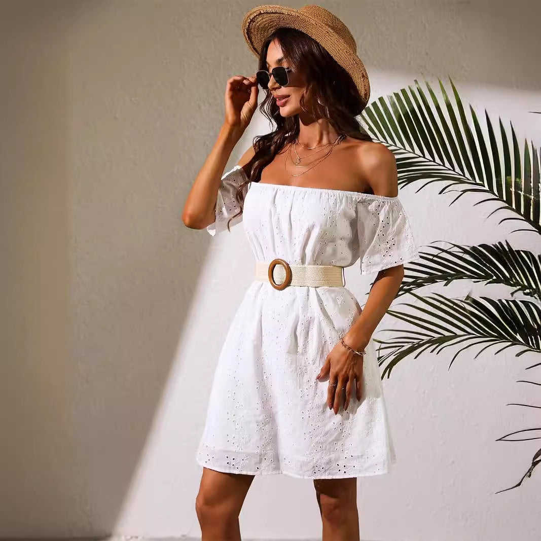Women Clothing White Off The Shoulder Clothes Eyelet Embroidery No Belt Dress