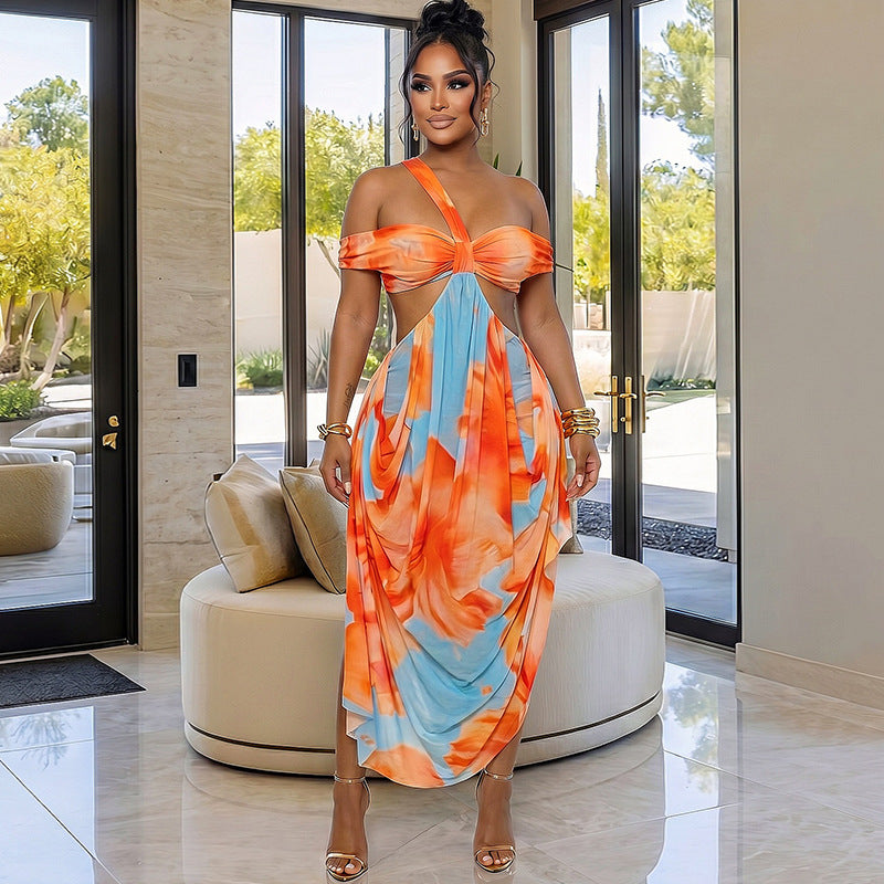 Summer Women Printed Wear Cool Color Matching Wrapped Chest Hip Dress Home Diagonal Collar Backless Maxi Dress Kinci