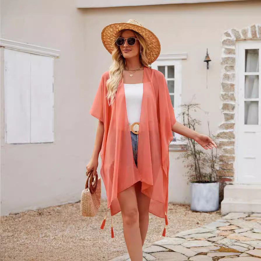 Seaside Blouse See Through Sexy Tassel Thin Cape Solid Color Travel Sun Protection Cardigan SallyCover