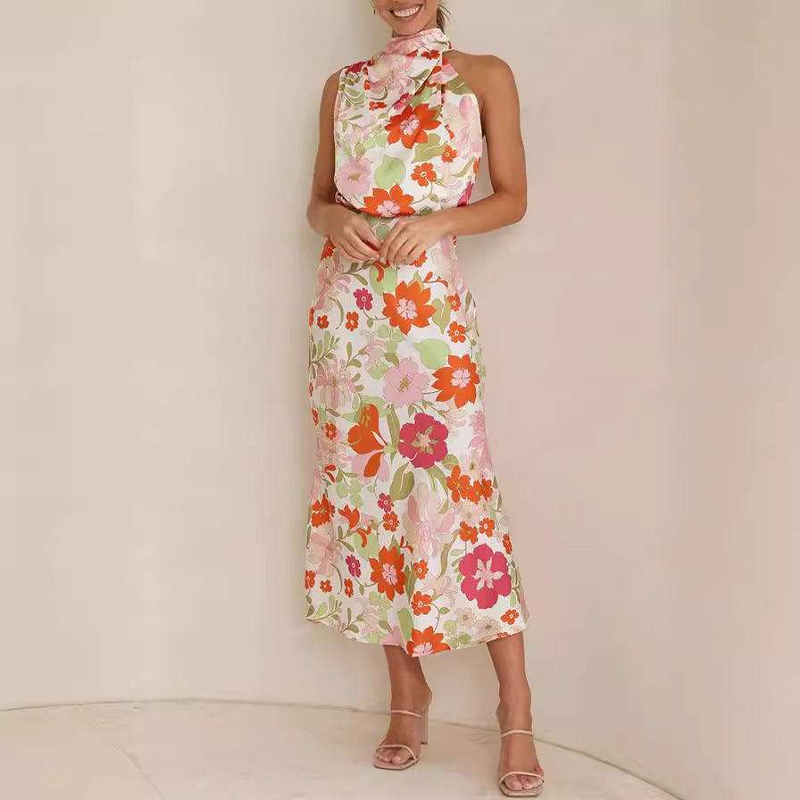 Mature Elegant Women Sleeveless Strap Printing Satin Dress Gemi