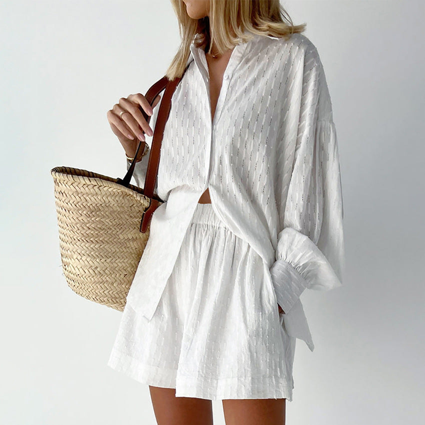 Summer French White Jacquard Cotton Puff Sleeve Casual Shorts Set Ladies Homewear Cool Pajamas Meiyas