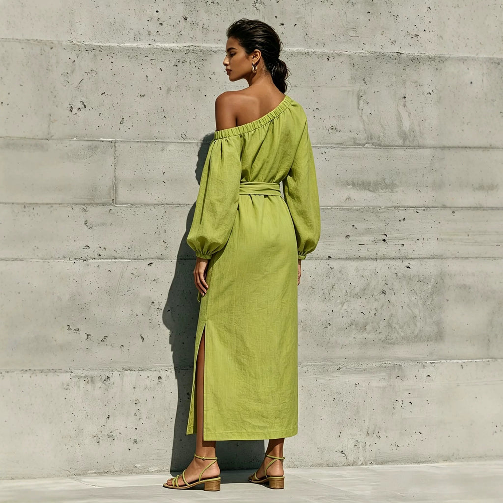 Elegant Loose Linen Strapless Side Slit Design Dress with Belt Venly