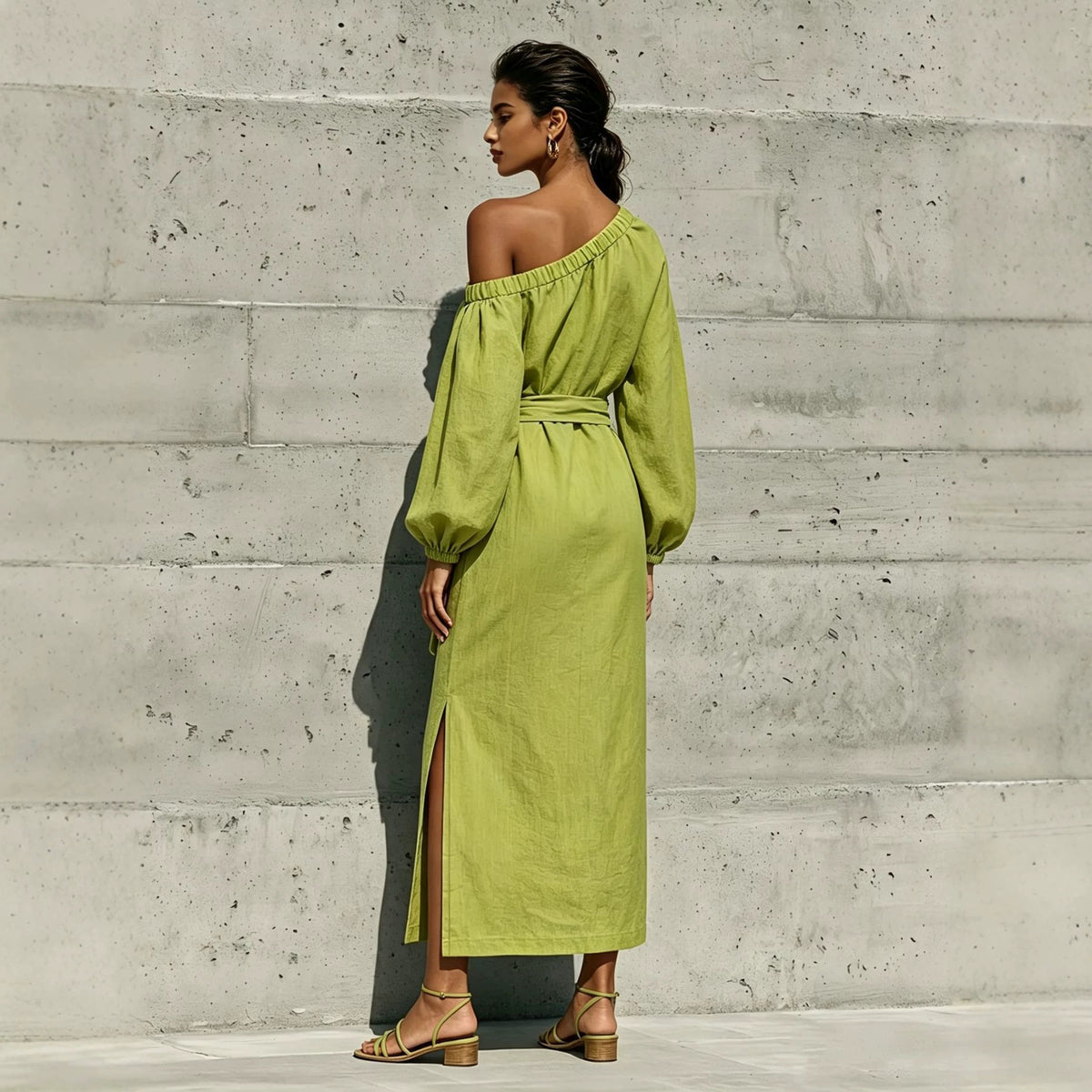 Elegant Loose Linen Strapless Side Slit Design Dress with Belt Venly