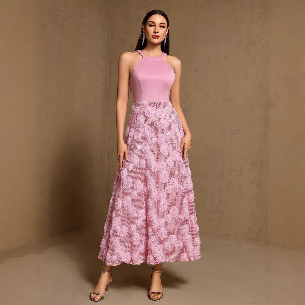 Spring Summer Halter Print Stitching Large Hem Fully Lined Evening Dress Party Dress HENGACHI