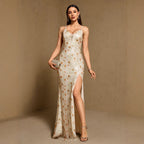 Spring Summer V neck Sling Backless High Slit Back Strap Evening Dress Party Dress HENGACHI