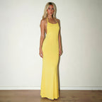 Women Clothing Autumn Solid Color Casual Sleeveless Backless Strap Slim Fishtail Maxi Dress HONEYBADGER