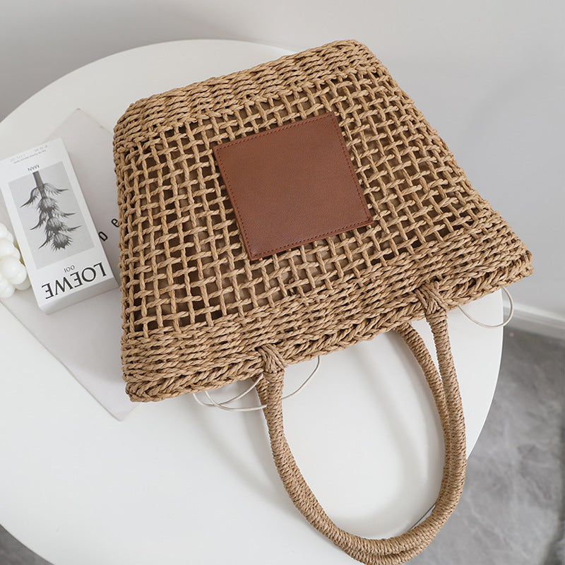 Bolso de paja tailandés de nicho, retro, de un solo hombro, portátil, con aberturas, tejido, para mujer, para vacaciones en la playa 