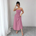 Design Tube Top Sleeveless Pleated Waist Solid Color Suspender Women Dress AXE