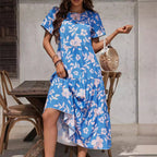 Elegant Ladies Large Floral Multi Layer Ruffled Patchwork Length Dress Vivish