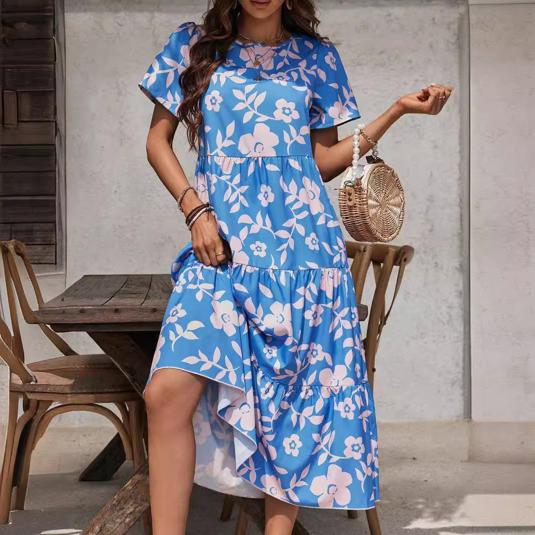 Elegant Ladies Large Floral Multi Layer Ruffled Patchwork Length Dress Vivish