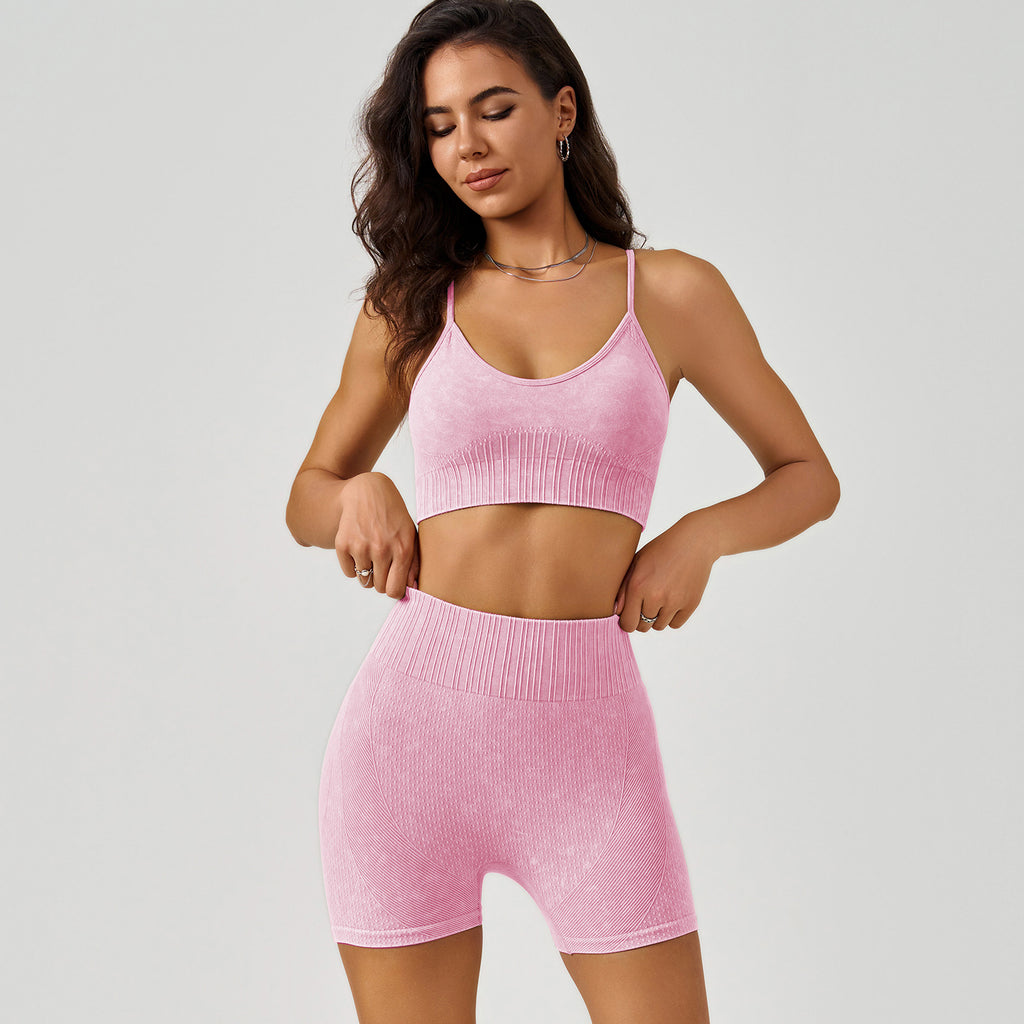 Frosted Exercise Yoga Clothes Women High Waist Hip Lift Shorts Shockproof Bra Quick Drying Fitness Set (Runs Small) Ruiesf