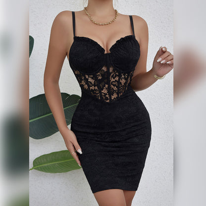 Deep V Plunge neck Low Cut Sexy Hip Dress Cutout Lace Stitching Dress