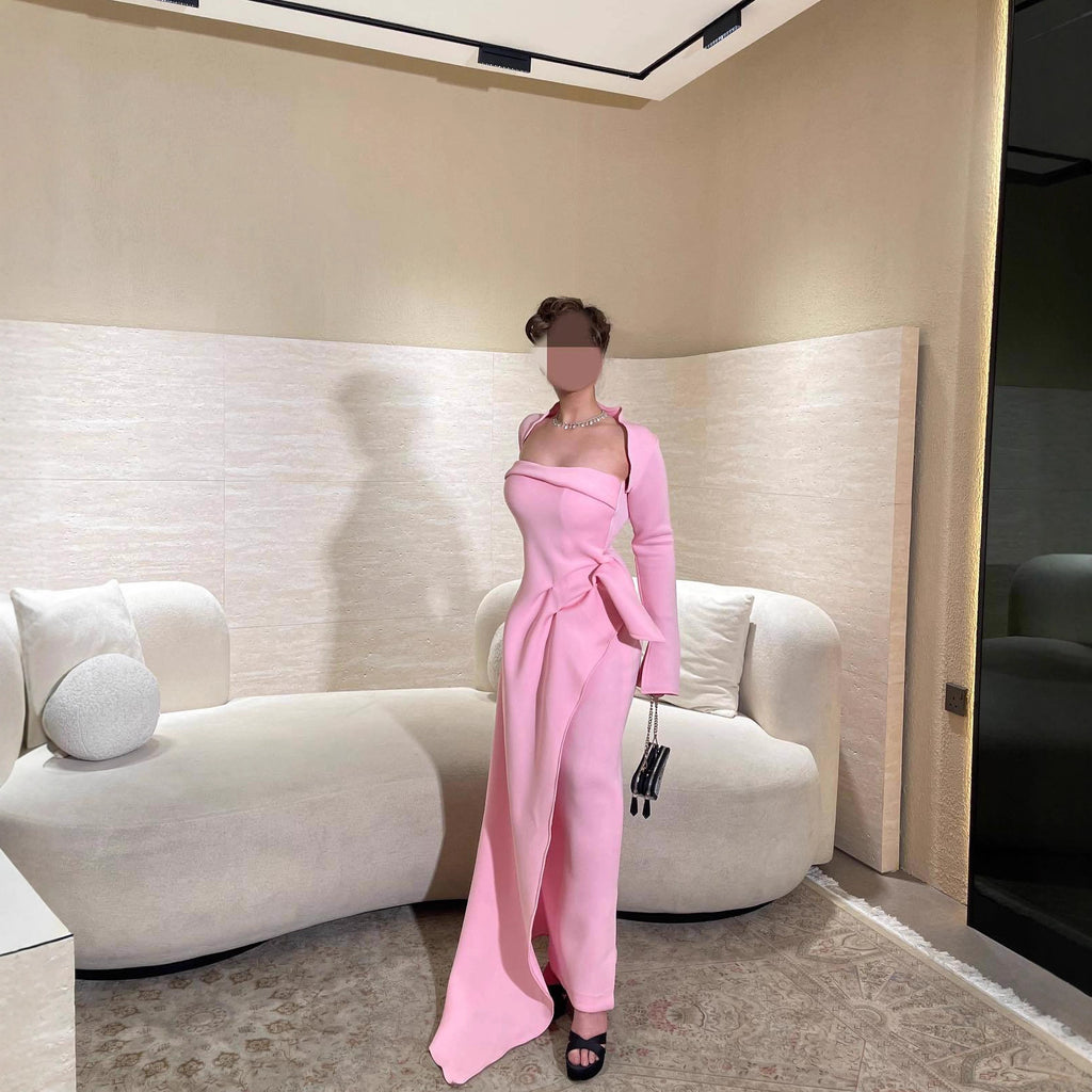 Summer Elegant Sexy Shawl Tube Top Slit Ball Dress Two Piece Set RMAI