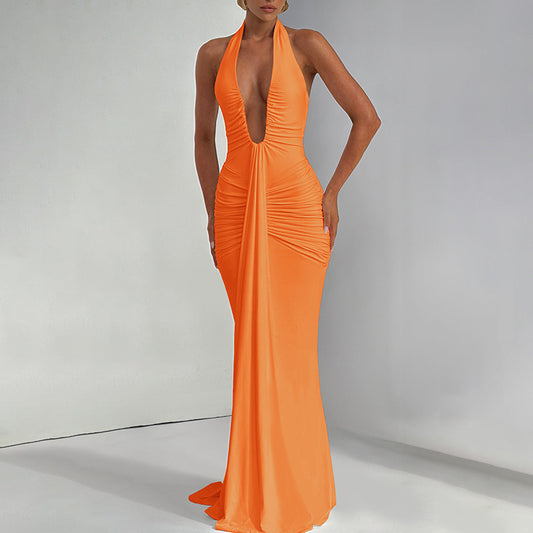Vestido plisado ajustado con cuello halter y escote en V profundo elegante y sexy para mujer de primavera y verano