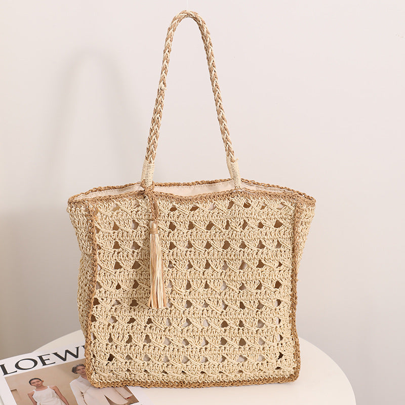 Square Tassel Shoulder Straw Bag Fresh Hollow Out Cutout Handmade Straw Bag Woven Bag Women Seaside Vacation Beach Bag EaseWoven