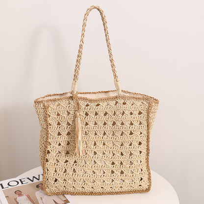 Bolso de paja cuadrado con borlas para mujer, bandolera de paja tejida a mano con recortes, bolso de playa para vacaciones en la playa 