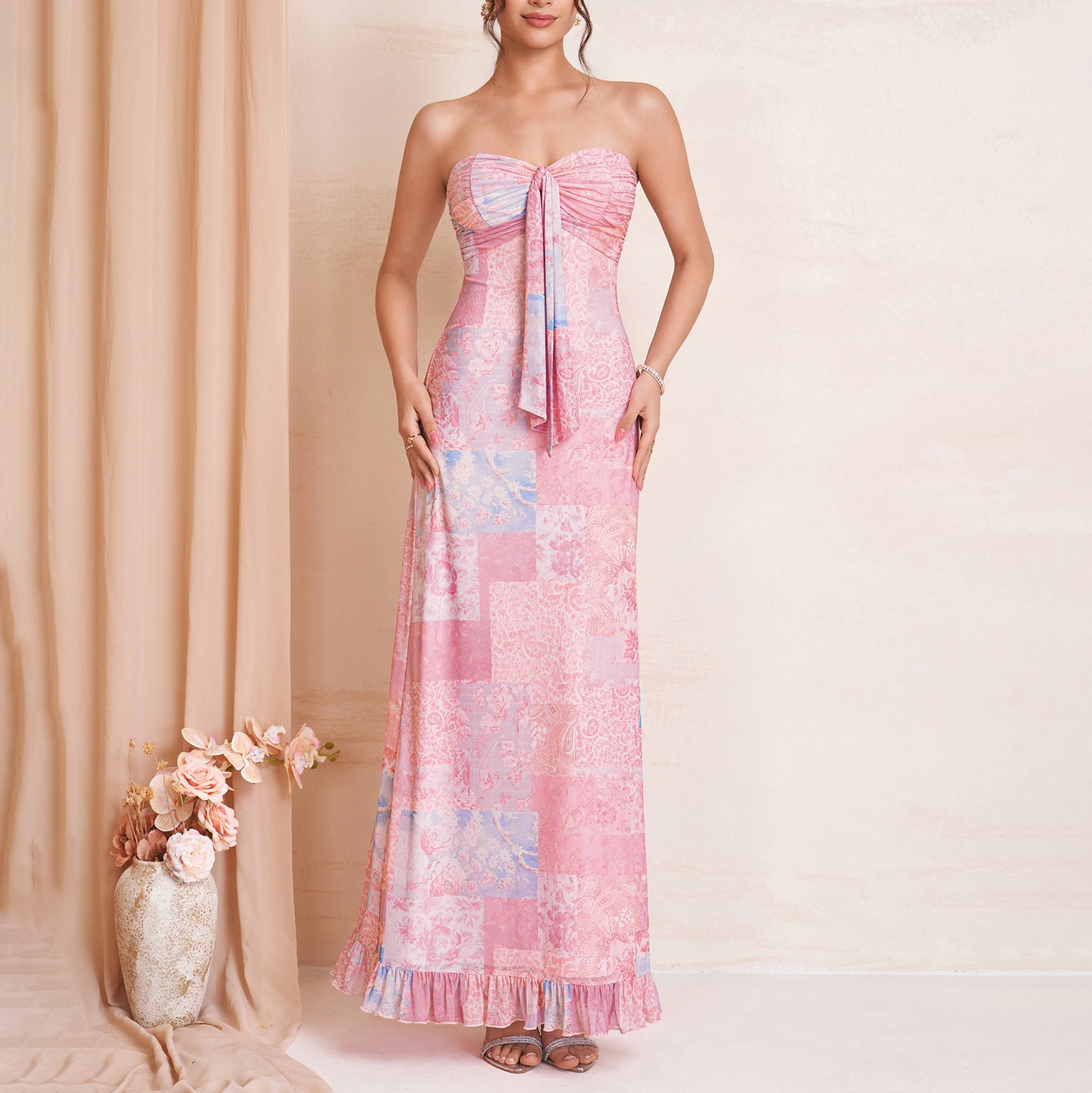 Summer Mesh Printed Dress Sexy Graceful Tube Top Lace up Backless Wooden Ear Decorative Dress SUNSHINE