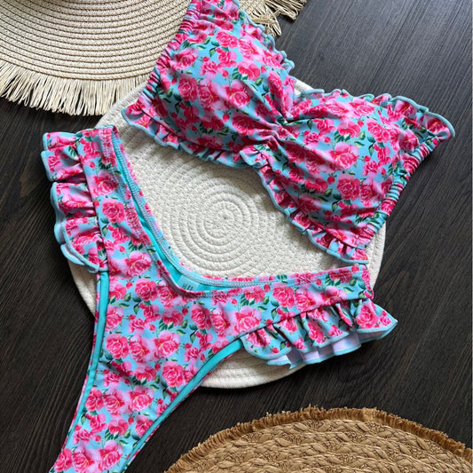 Bikini con estampado floral y cintura baja con cordones