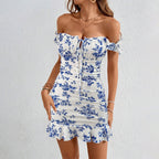 Summer Floral Dress Wide Shoulder Strap Flounced Sleeve Women Ruffled Printed Hip Dress Yiskiss