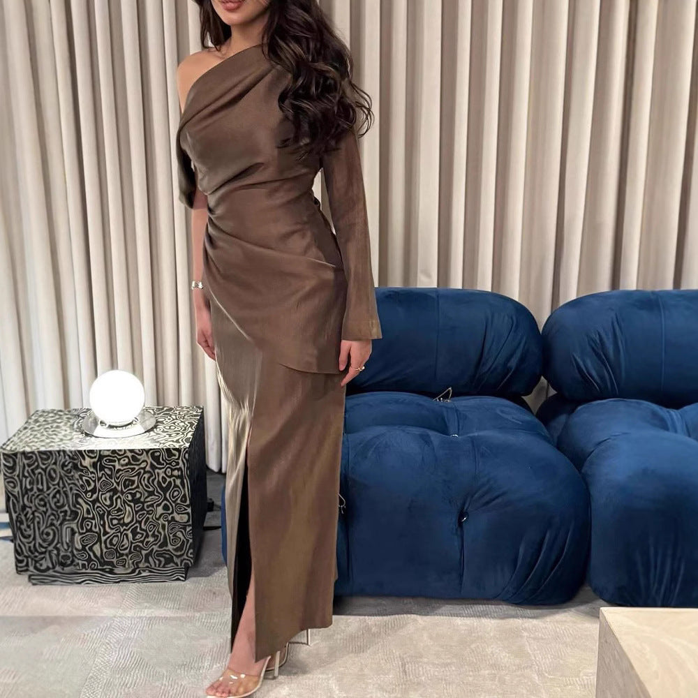 Spring Summer Elegant Retro One Shoulder Pleated Slim Slit Dress RMAI