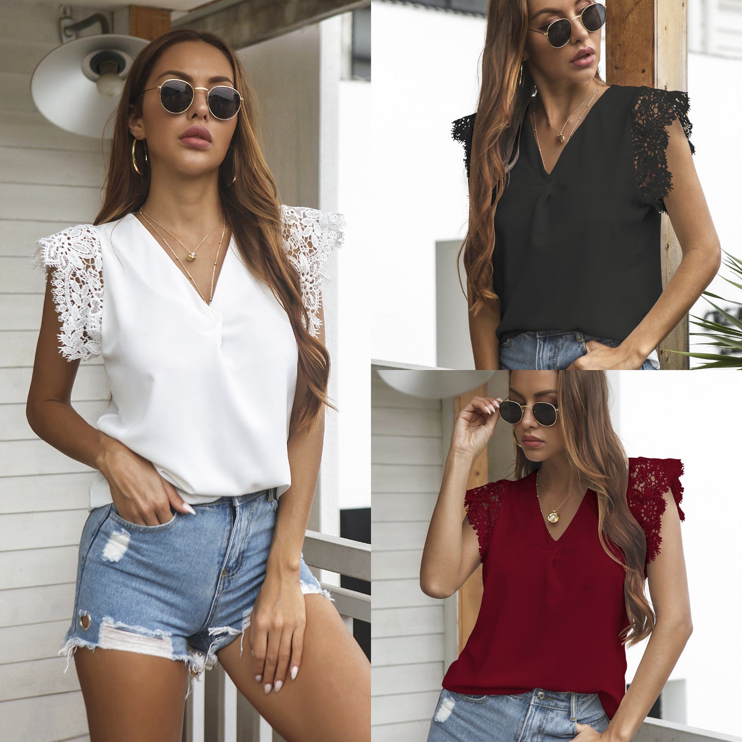 Chemise d'été en mousseline à manches courtes et col en V, couleur unie, avec dentelle et manches en V, pour femmes
