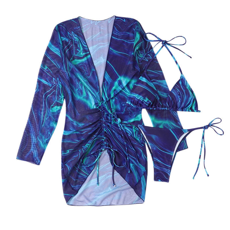 Traje de baño de dos piezas de manga larga con cuello halter para mujer, traje de baño de bikini sexy de tres piezas con estampado de verano para mujer