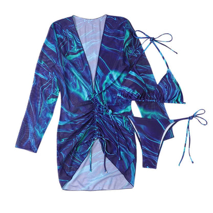 Traje de baño de dos piezas de manga larga con cuello halter para mujer, traje de baño de bikini sexy de tres piezas con estampado de verano para mujer