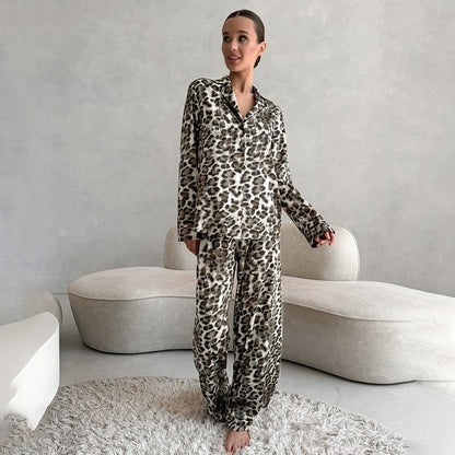 Autumn Satin Leopard Print Soft Comfortable Pajamas Long Sleeved Trousers Women Homewear