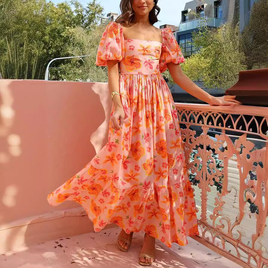 Spring Summer Summer Bubble Sleeve Square Collar Printing A Line High Waist Dress Women Havill