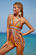 Multicolored Tassel Hand Crocheting Sexy Cutout Stylish Beach Swimsuit Tops Geery
