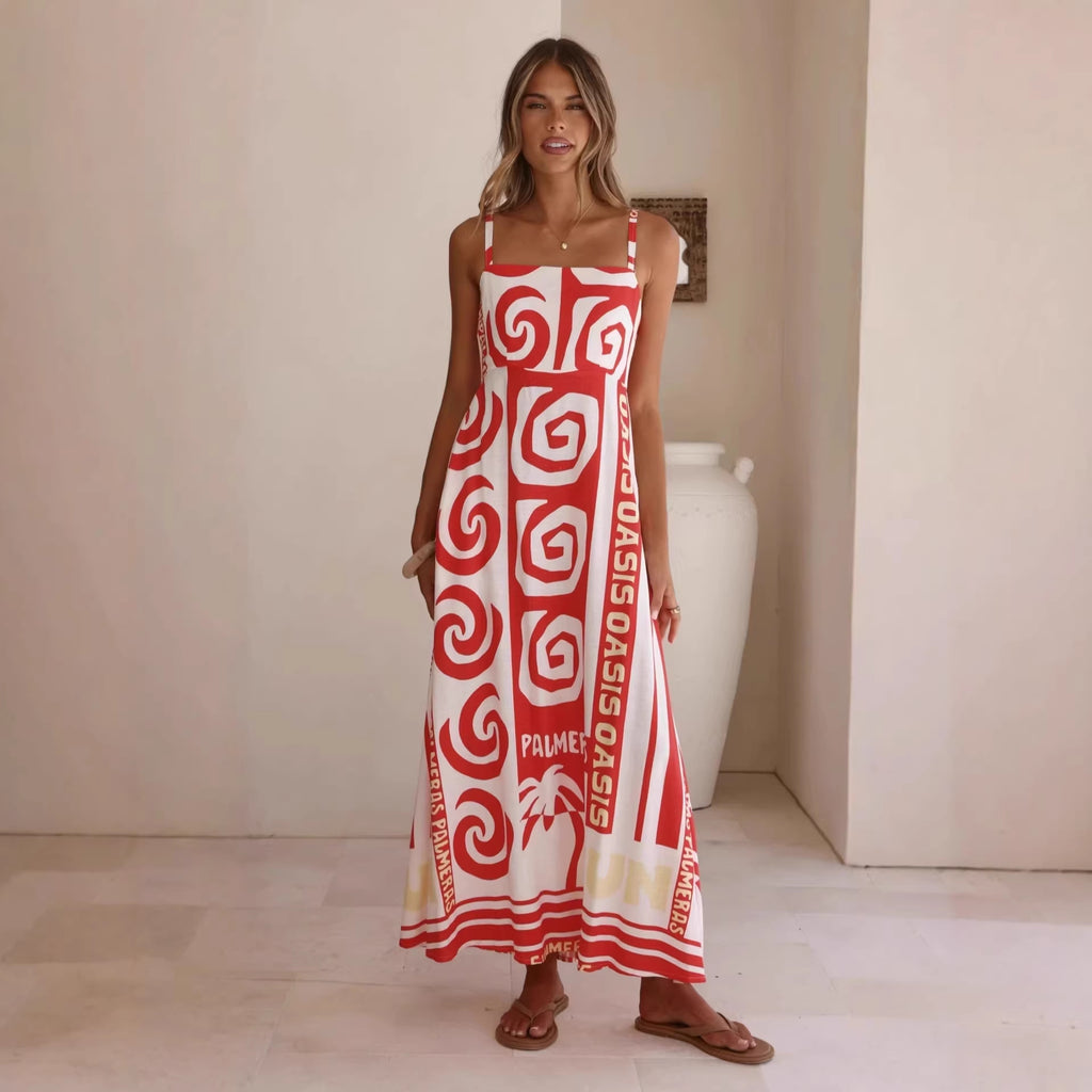 Summer Geometric Abstract Print Vacation Large Swing Cami Dress Women Dress Zemy