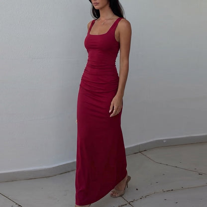 Women Summer Solid Color Low Cut Square Collar Slimming Slimming Dress Flash Vision