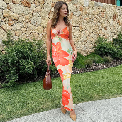 Sexy Suspenders Hollow Out Cutout Print Backless Dress Women Vacation Sexy Dress