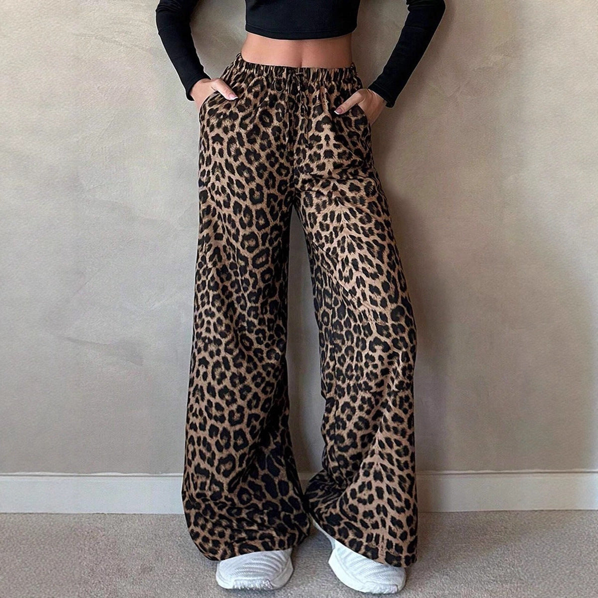 Women Clothing Satin Casual Pants Fall High Waist Leopard Print Loose Straight Satin Wide Leg Pants