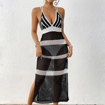Women Dress Women Clothing Color Contrast Patchwork Suspender Skirt Tied Slim Fit Dress Beach Cover up