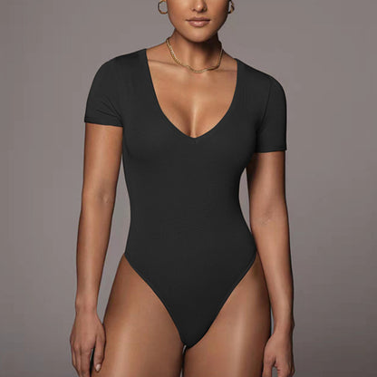 Body de primavera y verano para mujer, ropa de manga corta con cuello en V, body sexy ajustado.