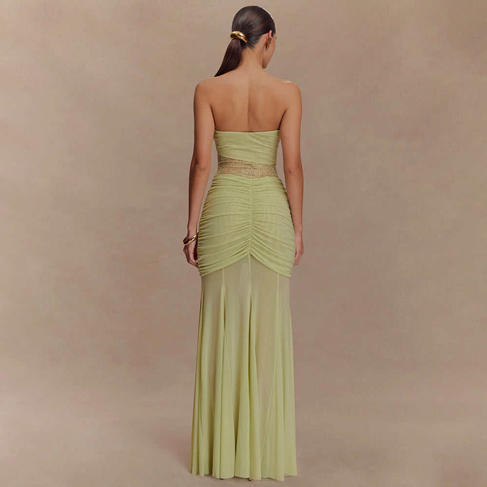 Summer Sleeveless Tube Top Dress Sexy Pleated Hollow Out Cutout Slim Dress for Women HLZYCS