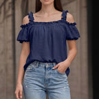 All Match Solid Color V neck Ruffled off the Shoulder Casual Sling Top AXE