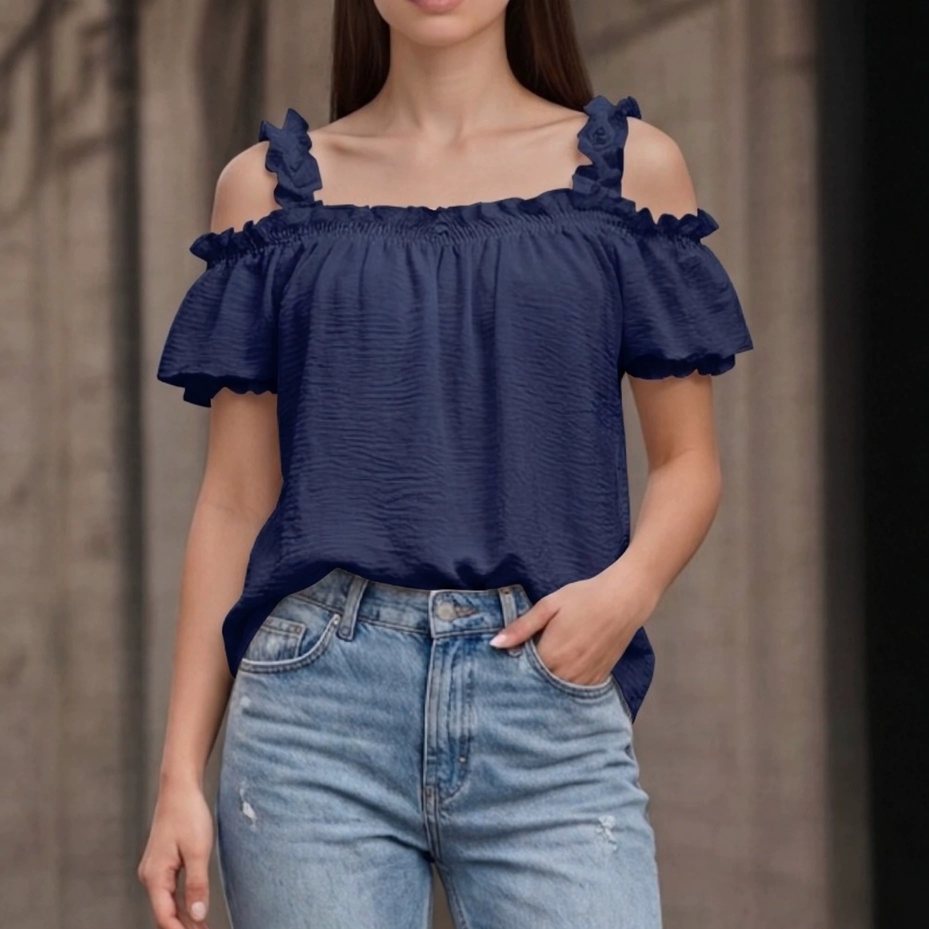 All Match Solid Color V neck Ruffled off the Shoulder Casual Sling Top AXE