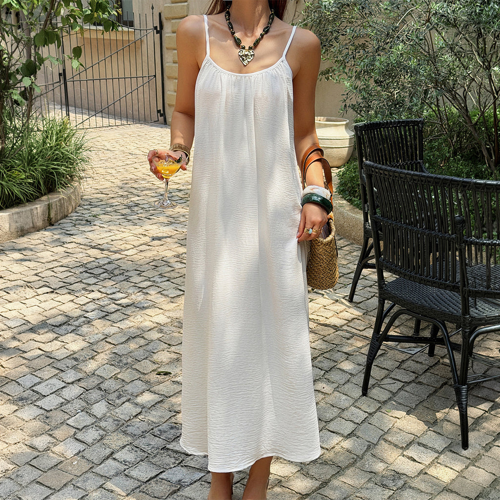 Women Clothing Summer French Vacation White Texture Pleated Dress Dee