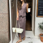 Vest Jacket Hip Skirt Set V neck Sleeveless Top Split Skirt Office Two Piece Set