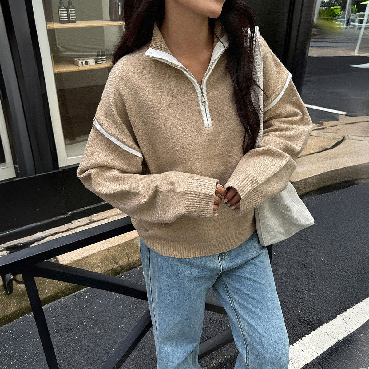 Suéteres casuales sencillos de color sólido de manga larga con cremallera para mujer, ropa de otoño e invierno
