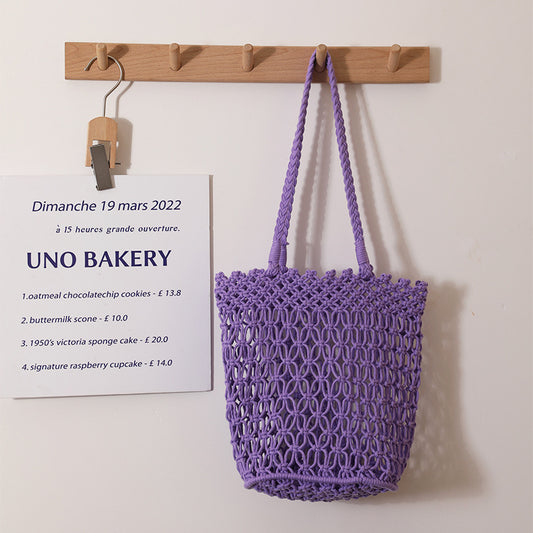Bolso de mano tejido con hilo de algodón y aberturas en los hombros, bolso de paja con encaje, bolso de playa para vacaciones, bolso para mujer 