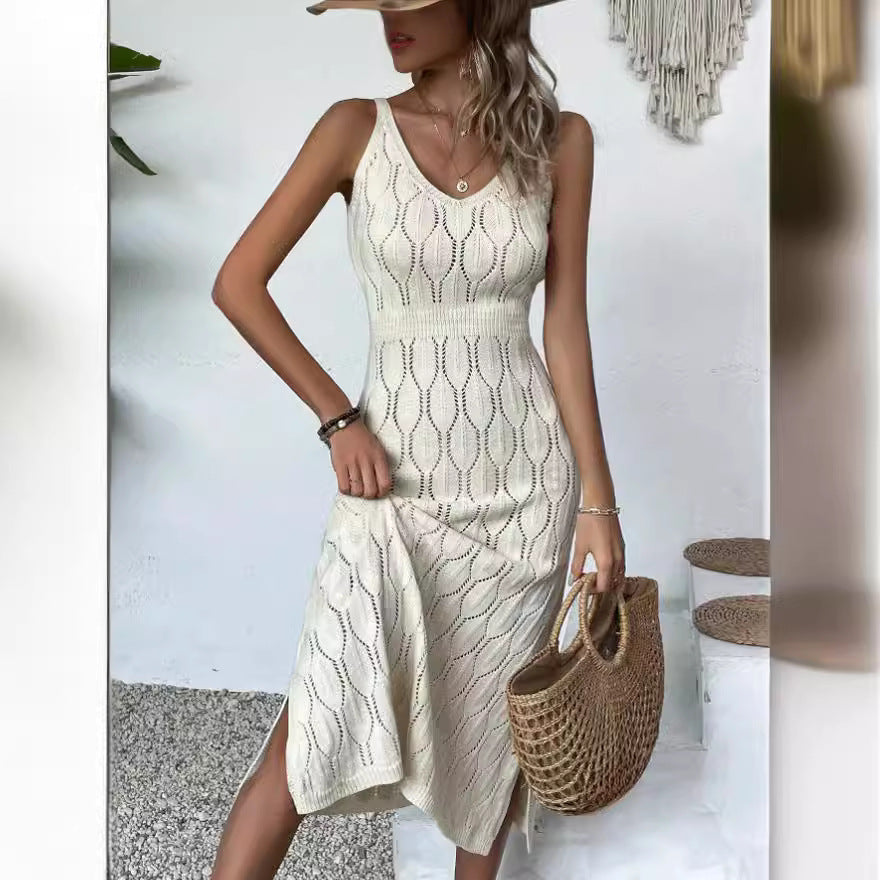 Spring Summer Sexy Hollow Out Cutout out See through Vacation Solid Color Backless Knitted Dress for Women MINODI