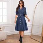 Women Clothing Denim Tight Waist Fit Slimming Short Sleeve Dress Dermal