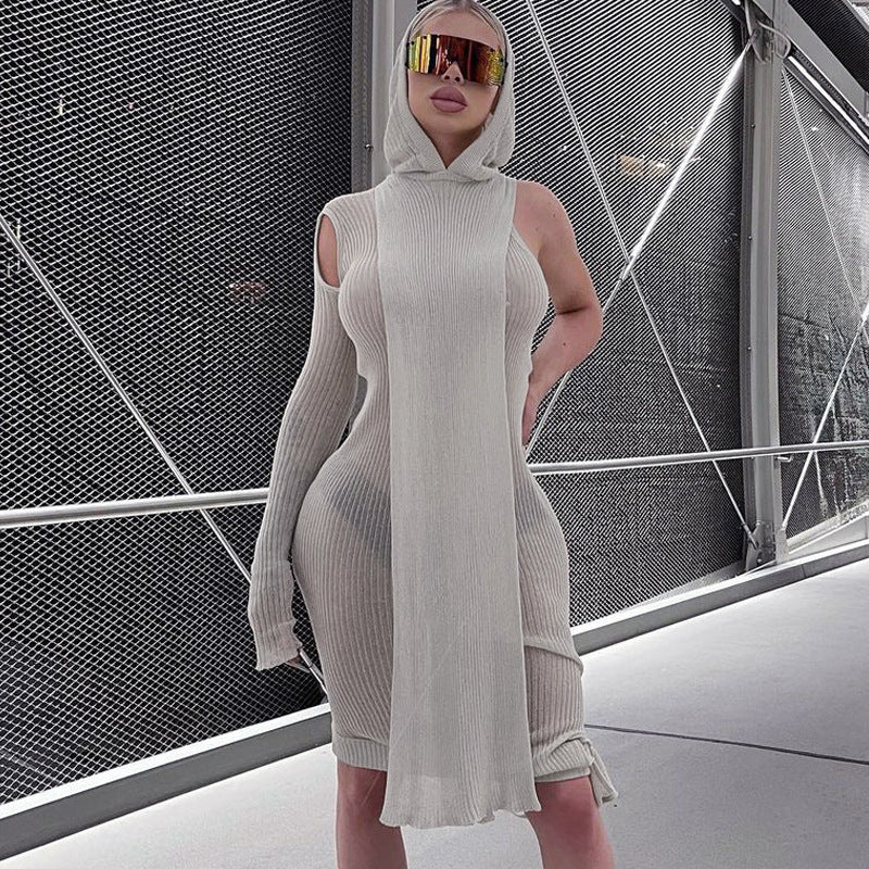 Vestido de otoño con capucha, manga larga, hombros descubiertos, asimétrico, irregular, transparente, para mujer