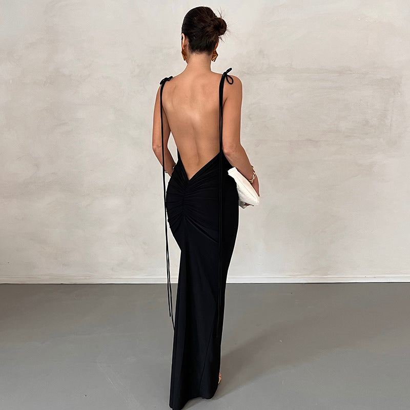 Vestido largo elegante con tirantes finos, plisado, sin espalda, sexy, de color sólido para mujer